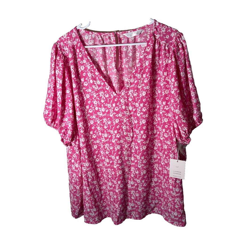 LC Lauren Conrad Blouse Women's 3X Pink V-Neck Short Sleeve Boho Casual Floral